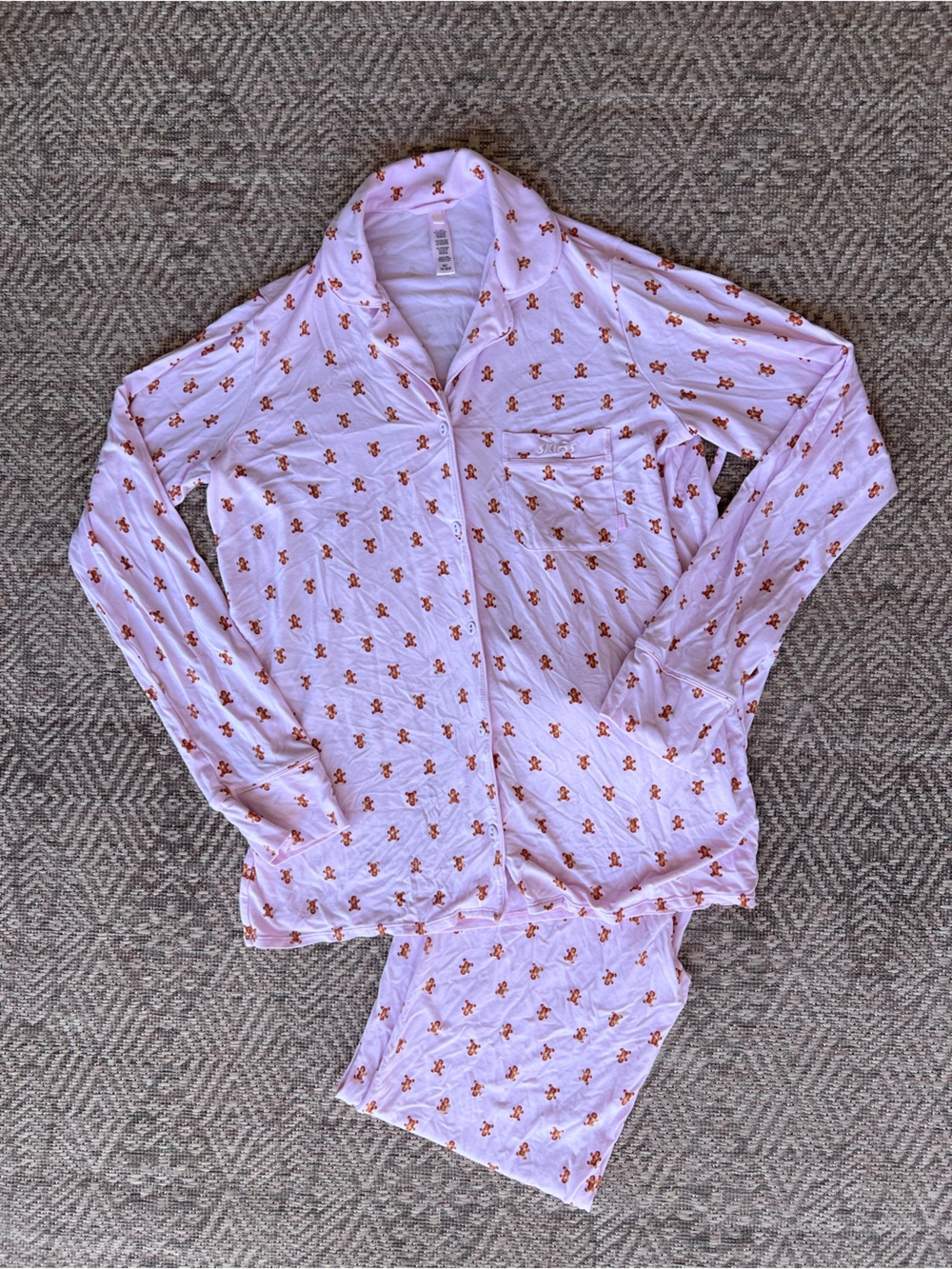 SKIMS Sleep Gingerbread Pajama Set Pink Holiday Long Sleeve Pants xs